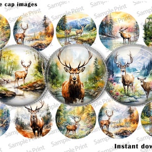 May include: A collection of 1-inch bottle cap images featuring watercolor paintings of deer in natural settings. The artwork includes deer in forests, near rivers, and against mountain backdrops. Text reads "Instant download!"