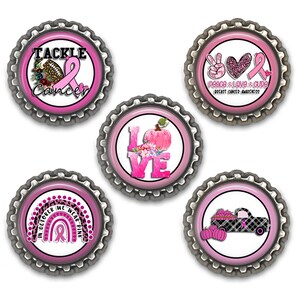 May include: Set of six pink and silver bottle cap magnets with various designs related to breast cancer awareness. The designs include a pink ribbon, a football, a pumpkin, a truck, a rainbow, and a peace sign. The text on the magnets includes "Tackle Cancer", "Peace Love & Cure", "Love", "In October We Wear Pink", and "Breast Cancer Awareness".