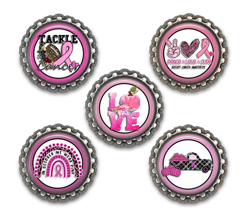 May include: Set of six pink and silver bottle cap magnets with various designs related to breast cancer awareness. The designs include a pink ribbon, a football, a pumpkin, a truck, a rainbow, and a peace sign. The text on the magnets includes "Tackle Cancer", "Peace Love & Cure", "Love", "In October We Wear Pink", and "Breast Cancer Awareness".