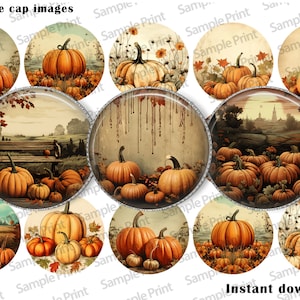 Könnte beinhalten: Set mit 12 runden 2,5 cm großen Flaschenverschlussbildern mit Vintage-Illustrationen von Kürbissen in verschiedenen herbstlichen Umgebungen. Die Bilder zeigen Kürbisse auf einem Feld, Kürbisse mit einer Bank, Kürbisse mit einer Stadt im Hintergrund und Kürbisse mit Herbstlaub.