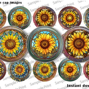 Sunflower images - Sunflower BCI - Stained glass images - Bottle cap images - 1 inch circles - 25mm cabochons - Digital collage - Crafting