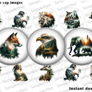Animal images - Animal BCI - Double exposure - Bottle cap images - 25mm cabochons - 1 inch circles - Fox images - Elephant images - Giraffe