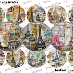 May include: A collection of 1-inch bottle cap images featuring the Eiffel Tower and other Parisian landmarks. The designs incorporate vintage maps, script, and floral elements in a collage style. The words "Instant download!" are visible.
