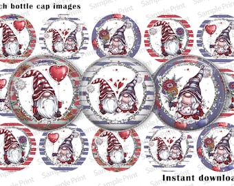 Love gnome BCI - Gnome valentine - Valentine BCI - Bottle cap images - Holiday gnomes - Old world BCI - Vintage look - 1 inch circles