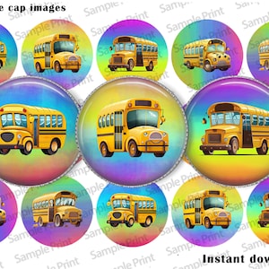 May include: Twelve 1-inch round printable bottle cap images featuring a yellow school bus on a rainbow background. The text "Instant download!" is at the bottom of the image.