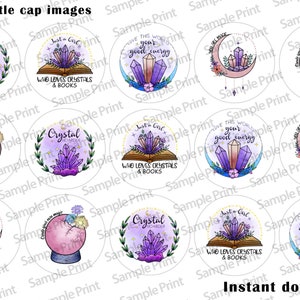 May include: A collection of 1-inch bottle cap images with a mystical theme. Each circular design features crystals, moons, books, and floral elements in shades of purple, pink, and blue. Text includes phrases like "Crystal Hoarder" and "Just a Girl Who Loves Crystals & Books."