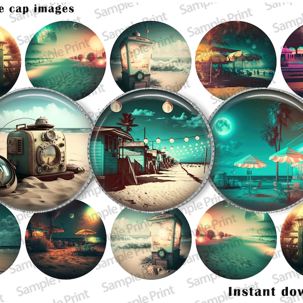 Beach BCI - Beach images - Beach scene - 50's  images - 50's beach - Bottle cap images - 25mm cabochons - 1 inch circles - Digital images