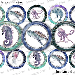 May include: A collection of 1-inch bottle cap images featuring various sea creatures like seahorses, turtles, octopuses, dolphins, and jellyfish. Each image has a decorative border and the words "Instant download!"