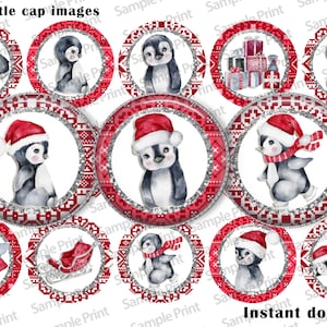 Christmas penguins - Penguin images - Penguin BCI - Christmas BCI - Bottle cap images - 25mm Cabochons - 1 inch circles - Circle images