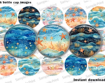 Beach images - Sea life images - Beach BCI - Sea life BCI - Under the sea - Bottle cap images - 1 inch circles - 25mm cabochons - Ocean wave