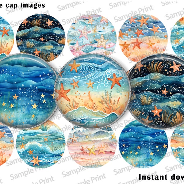 Beach images - Sea life images - Beach BCI - Sea life BCI - Under the sea - Bottle cap images - 1 inch circles - 25mm cabochons - Ocean wave