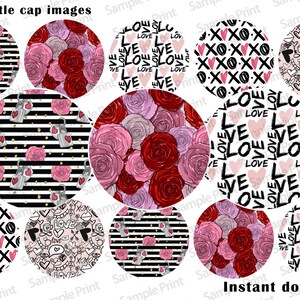 May include: Twelve 1 inch round printable bottle cap images featuring Valentine's Day themes. Designs include pink and red roses, black and white stripes with pink hearts, and various pink and black love-themed patterns.