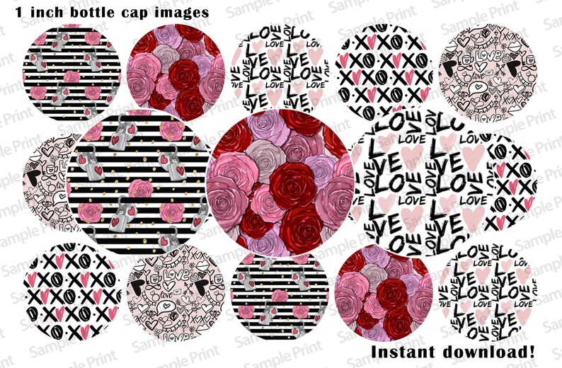 May include: Twelve 1 inch round printable bottle cap images featuring Valentine's Day themes. Designs include pink and red roses, black and white stripes with pink hearts, and various pink and black love-themed patterns.