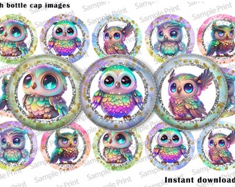 Owl images - Owl BCI - 25mm cabochons - Bottle cap images - 1 inch circles - Digital image sheet - Digital scrapbook - Night owl - Glitter