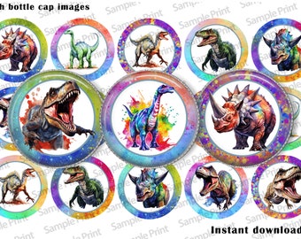 May include: Twelve 1 inch round printable bottle cap images featuring colorful watercolor dinosaurs. The dinosaurs include a triceratops, stegosaurus, brachiosaurus, velociraptor, and tyrannosaurus rex. The background of each image is a colorful watercolor wash.