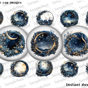 Himmlische Bilder - Celestial BCI - Kronkorken Bilder - 25 mm Cabochons - 1 Zoll Kreise - Blau und Gold - Mondbilder - Sternenbilder - Drucke