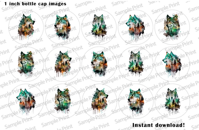May include: Twelve 1 inch round bottle cap images featuring a watercolour design of a wolf's head with a forest scene behind it. The wolf is facing to the right and the colours are shades of green, blue, and brown.