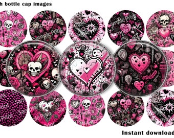 Valentine BCI - Valentine images - Punk Valentine - Punk images - Punk BCI - Pink Valentine - 25mm cabochons - 1 inch circles - Bottle cap