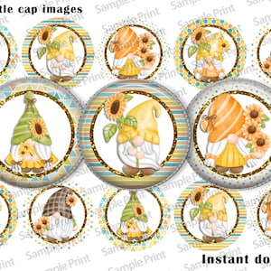 May include: Twelve 1 inch round printable bottle cap images featuring gnomes with sunflowers. The gnomes are wearing different colored hats and outfits. The background of each image is a different pattern of yellow, blue, and white.