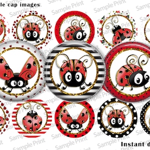 Immagini di coccinelle - Coccinella BCI - Download digitale - Download stampabile - Cabochon da 25 mm - Cerchi da 1 pollice - Immagini di tappi di bottiglia - Nero e oro
