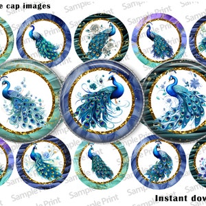 Puede incluir: Doce imágenes redondas de tapas de botellas de 1 pulgada de diámetro con un diseño de pavo real. Cada imagen tiene un pavo real azul y verde con un fondo de purpurina dorada.
