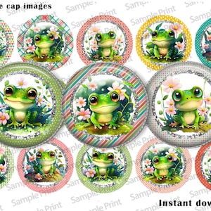 May include: Twelve 1 inch round bottle cap images featuring a green frog with big eyes sitting on a log surrounded by pink flowers and green leaves. Each image has a different background pattern, including polka dots, stripes, and plaid.