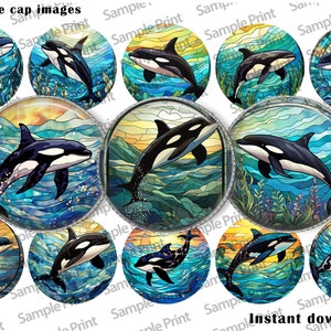 May include: Twelve 1-inch round bottle cap images featuring a stained glass design of an orca whale swimming in blue water. The orca is black and white with a white patch on its eye. The water is a mosaic of blue, green, and white glass.
