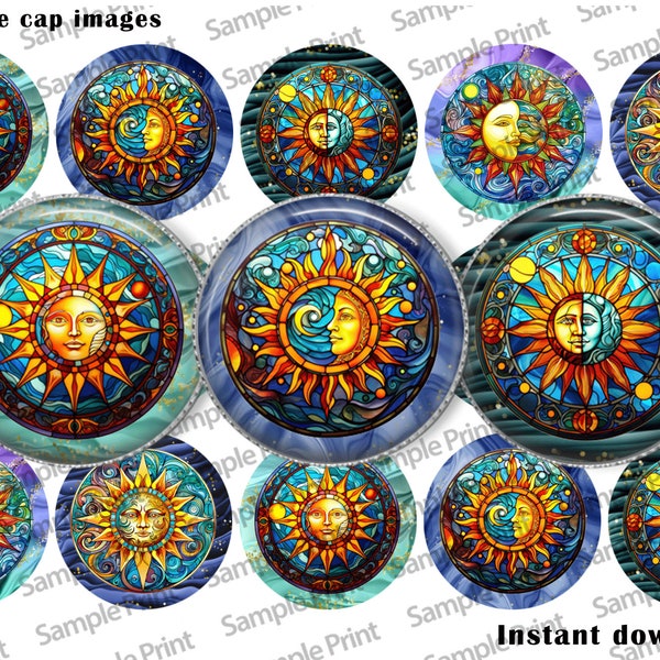 Celestial BCI - Celestial images - Moon images - Sun images - Stained glass BCI - Bottle cap images - 25mm cabochons - 1 inch circles - Art