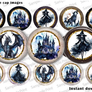 Donker sprookje - sprookje BCI - heks BCI - draak BCI - drakenafbeeldingen - heksenafbeeldingen - kasteelafbeeldingen - afbeeldingen kroonkurk - 25 mm cabochon