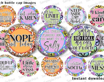 Sarcasm BCI - Sassy images - Bottle cap images - 1 inch circles - Not today Karen - Happy hour - Craft at home - Don't care - Don't be salty