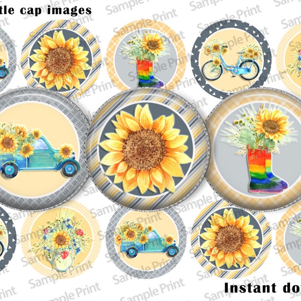 Sunflower images - Sunflower BCI - Old truck images - Truck BCI - Bottle cap images - Digital art - Digital downloads - 25mm Cabochons