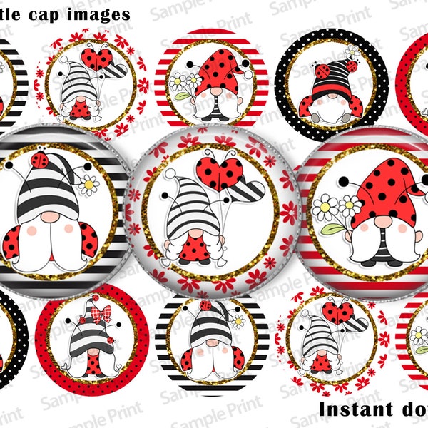 Bug gnome BCI - Gnome images - Digital images - Bottle cap images - 1 inch circles - Ladybug images - Ladybug gnome - Cabochons - Download