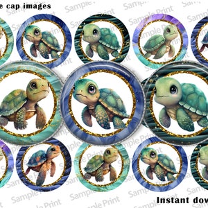 May include: Twelve 1-inch round printable bottle cap images featuring a cartoon sea turtle with blue, green, and gold accents. The turtle is on a white background with a blue and green marbled design.