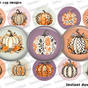 May include: Set of 12 printable 1-inch bottle cap images featuring various designs of pumpkins with different patterns, including polka dots, leopard print, and floral designs. The pumpkins are in shades of orange, white, and black.