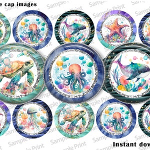 May include: Twelve 1 inch round bottle cap images featuring various ocean creatures. The images include a turtle, octopus, whale, jellyfish, and starfish. The images are set against a blue and green watercolor background with silver glitter accents.