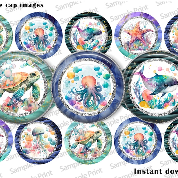 Sea life BCI - Sea animal images - Bottle cap images - Under the sea - 25mm cabochons - 1 inch circles - Whale images - Sea turtle - Jelly