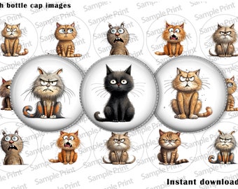 Funny cat images - Funny cat BCI - Angry cat images - Angry cat BCI - Bottle cap images - 1 inch circles - 25mm cabochons - Digital art