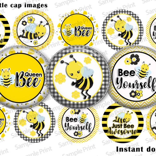 Bee images - Bottle cap images - 1 inch images - 4x6 sheet - Bee yourself - Just Bee awesome - Queen bee - Honey bee images - BCI honey bee