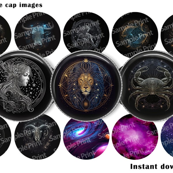 Zodiac images - Zodiac BCI - Bottle cap images - 1 inch circles - JPEG digital sheet - 25mm cabochons - Leo images - Cancer sign - Libra BCI