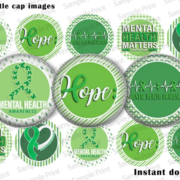 Mental health BCI - Bottle cap images - Health awareness - Mental health awareness - Green ribbon - End the stigma - Semicolon - Hope lives