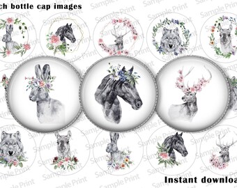 May include: A collection of 1-inch bottle cap images featuring watercolor illustrations of animals. The designs include a rabbit, horse, deer, and wolf, each adorned with floral accents. The text "Instant download!" is visible.