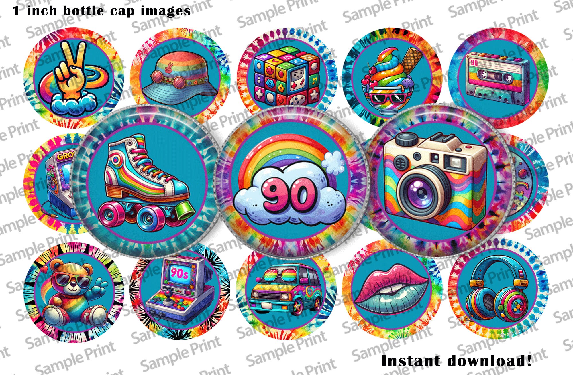 90s images - 90s image sheet - Retro images - Retro image sheet - Bottle cap images - 25mm cabochons - 1 inch circles - Colorful download