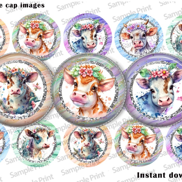 Cow images - Floral Cow BCI - Bottle cap images - 25mm cabochons - 1 inch circles - Farm images - Farmhouse images - Rustic BCI - Digital