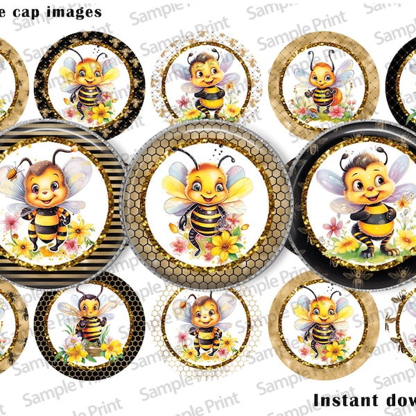 Honey bee BCI - Bee images - Bottle cap images - 25mm cabochons - 1 inch circles - Instant download - Printable download - Gold and black