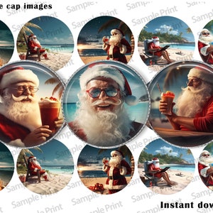 Images du Père Noël - Père Noël en vacances - Père Noël sur la plage - Images de bouchons de bouteille - Père Noël BCI - cercles de 1 pouce - cabochons de 25 mm - Noël en juillet - Vacay