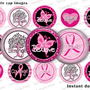 Breast cancer images - Bottle cap images - 1 inch images - 4x6 sheet - Breast cancer BCI's - Print at home - Printable sheets - Courage BCI