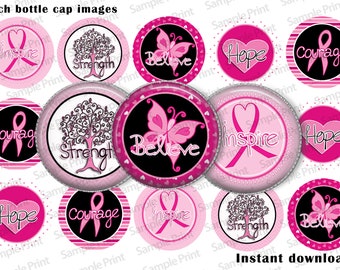 Breast cancer images - Bottle cap images - 1 inch images - 4x6 sheet - Breast cancer BCI's - Print at home - Printable sheets - Courage BCI