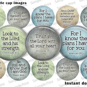 May include: Nine 1-inch round bottle cap images with a distressed, vintage look. Each image features a different Bible verse in black text on a light blue, green, or beige background.