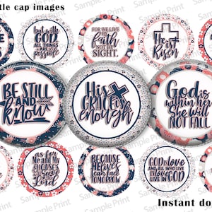May include: Twelve 1-inch round bottle cap images with a white background and a pink and blue floral pattern. Each image features a different inspirational quote in black text.