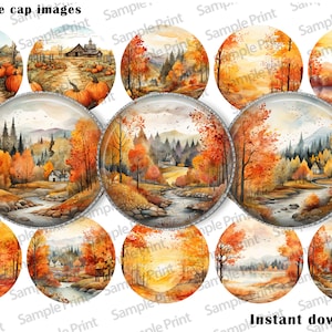 Fall scenery BCI - Bottle cap images - Fall images - 25mm cabochons - 1 inch circles - Colorful trees - Nature images - Nature BCI - Prints